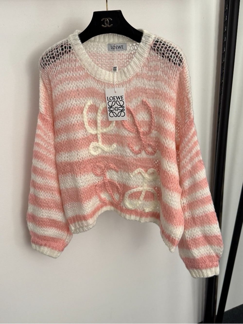 Loewe Pink and White Striped Mohair-Blend Crewneck Sweater